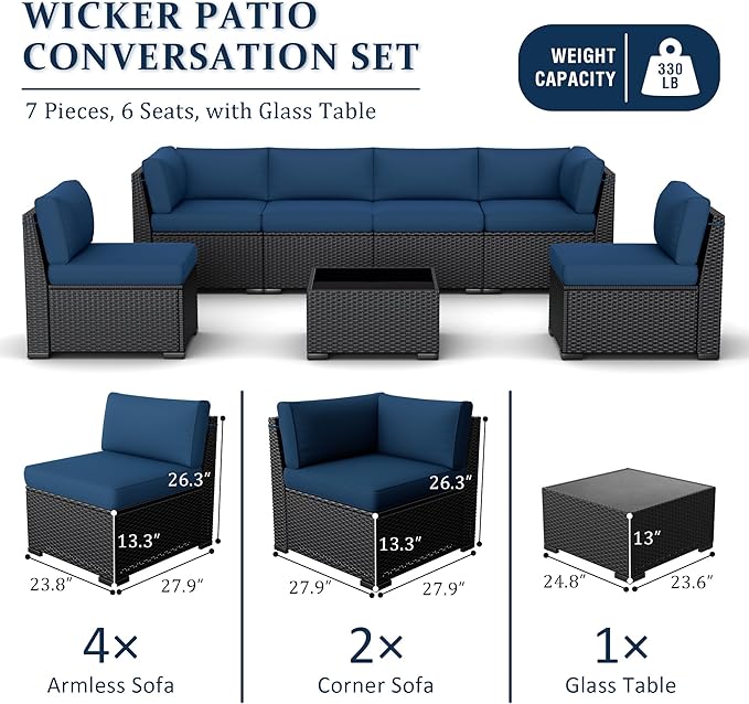 Patio Furniture Set, 7 Pieces Outdoor Sectional Sofa Set with Waterproof Cover, Black PE Wicker Rattan Slanted Back Outdoor Conversation Set with Cushions and Glass Coffee Table, Navy Blue