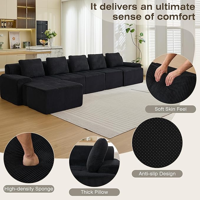 Modular Sectional Sofa, 6 Seat Modular Couch, Modular Sofa with Deep Seat and Detachable Pillow (Black, 6 Pieces-L Shape)