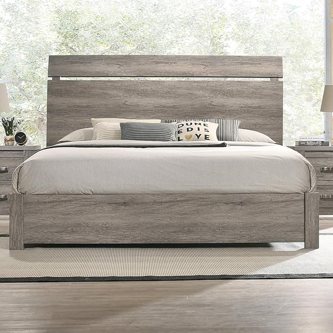 Roundhill Furniture Floren Contemporary Weathered Gray Wood Bedroom Set, Queen Panel Bed, Dresser, Mirror, Two Nightstands