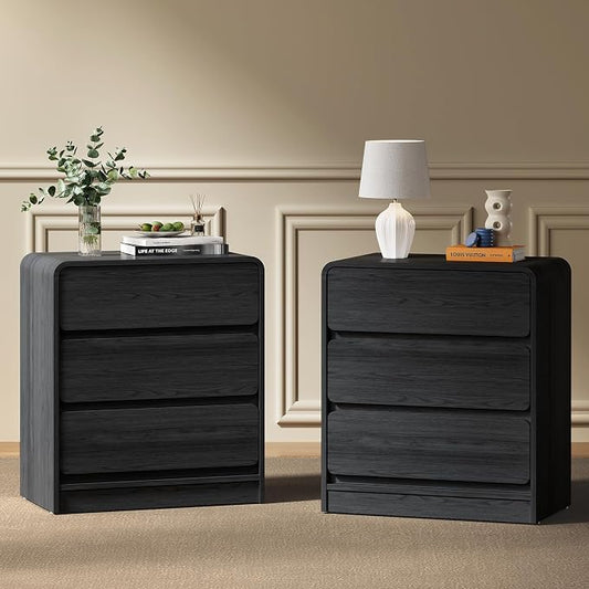 RoyalCraft Black 3 Drawer Nightstand Set of 2, Modern Night Stand with Storage, Wood End Table with Curved Design, Small Dresser for Bedroom, Home Office, Entryway by Bringyoubetterlife