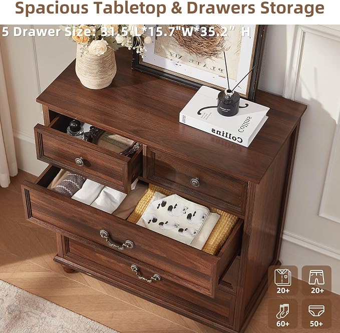 Joaxswe Farmhouse 5 Drawer Dresser for Bedroom, 35" Tall Rustic Chests of Drawers w/ 4 Solid Wood Feet, Mid Century Modern Wooden Closet Storage Dressers Organizer for Living Room, Hallway,Brown - Image 4