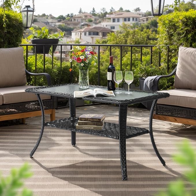 VINGLI Outdoor Coffee Table with Storage Wicker Patio Coffee Table, Tempered Glass Top Coffee Table for Patio Outside Balcony Porch Deck (Black) - Image 2