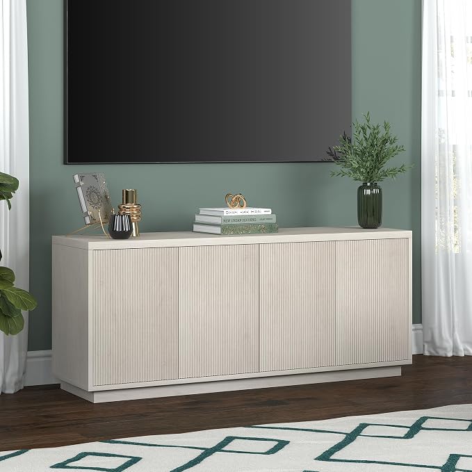Henn&Hart Fluted TV Stand for TVs up to 65" with 2 Concealed Ribbed Storage Cabinets and Adjustable Shelves for Living Room, Family Room, or Office, Beech White - Image 6