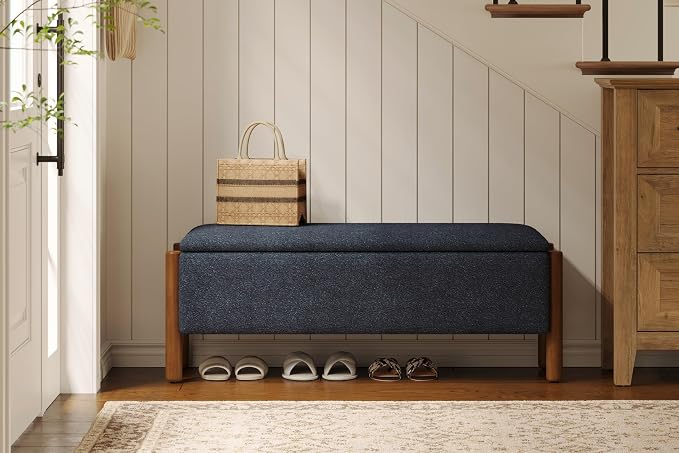 Modern Storage Benches with Walnut Wood Legs, 47'' Ottoman Bench with 20 Gallons Storage Space for Bedroom End of Bed, Fabric Upholstered Entryway Bench with Seating for Livingroom, Blue - Image 4
