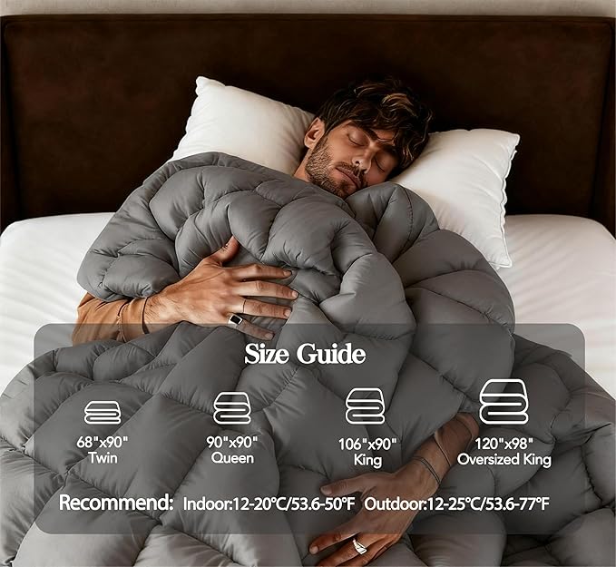 Down Feather Fiber Comforter Oversize King Size,Premium Ultra-Soft Breathable Comforter High Fill Power Grey Duvet Insert,All Season Hotel Luxury Bedding Comforters with 8 Tabs,Baffle Box Design