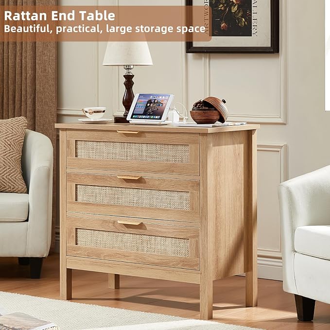 LEYAOYAO 31.5" Wide Rattan Nightstands Set of 2 with Charger Station, Large Boho 3 Drawer Night Stand, Natural Wood Bedside Table with Storage, Bed Side End Tables for Bedroom, Living Room, Hallway - Image 7