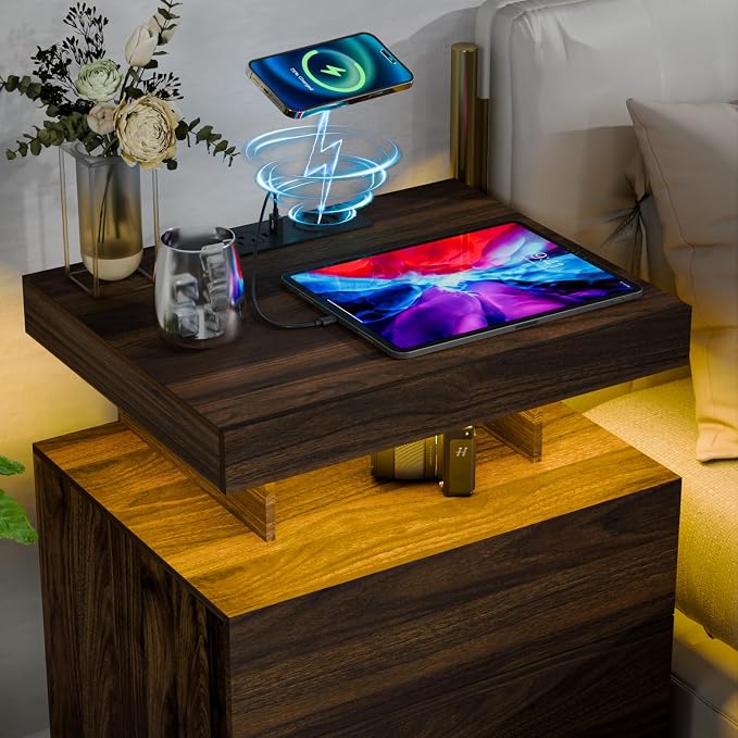 HOMMPA Set of 2 Walnut Nightstands with Wireless Charging Station High Gloss Night Stand Tall with 3 Drawers Bedside Table with USB Type C Charging Adjustable LED Lights for Bedroom - Image 3