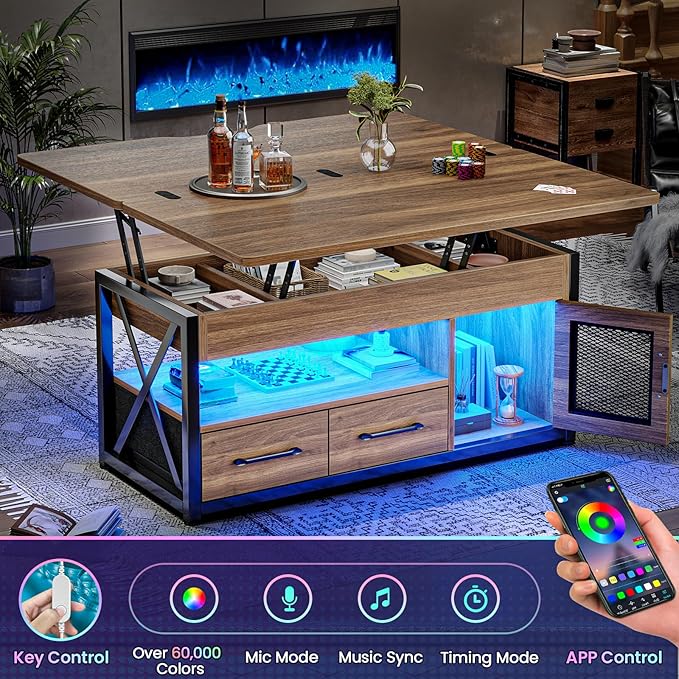 Itaar 40" Lift Top Coffee Table, 4 in 1 Coffee Tables with Storage Cabinet for Living Room, Small Farmhouse Coffee Table with 2 Fabric Drawers & LED Light for Dining Room, Oak Brown