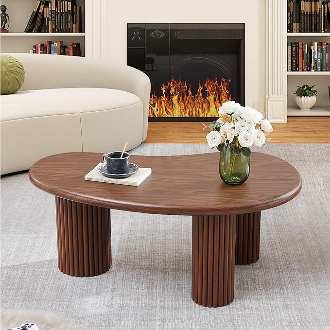 Fluted Coffee Table, 39'' Farmhouse Coffee Tables for Living Room, Low Wood Accent Center Table Small Tea Table with Sturdy Base & Rounded Corners for Small Space Home Office (Walnut)