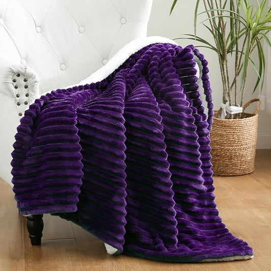 Purple Sherpa Fleece Throw Blanket 60”×80” for Couch Sofa Bed,Super Soft Cozy Plush Double Side Thick Flannel Blanket with Striped Design Lightweight for Adults,Woman,Girls