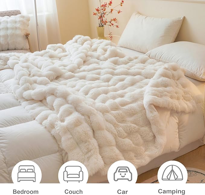 LIFEREVO Luxury Fluffy Faux Rabbit Fur Throw, Plush Fuzzy Bubble Blanket for Couch Sofa, Soft Cute Furry Bed Blanket Home Decoration, Shaggy Ivory Throw for Bedroom Living Room Office, 50x60, Beige