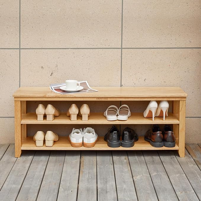 Shoe Rack Bench, 2-Tier Wood Heavy Duty Shoe Organizer Shelf for Entryway, Living Room,Bedroom (Natural, 11.81"x 45.7"x 16.54") by Aroktake
