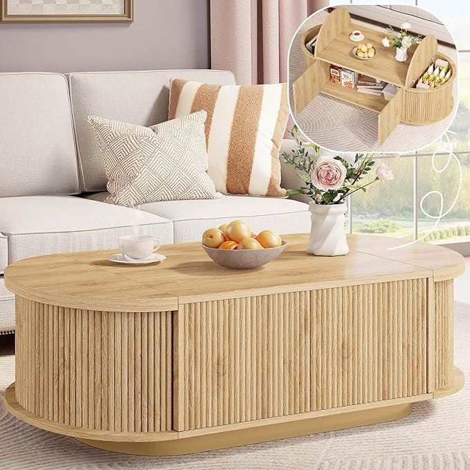 HSH Farmhouse Oval Coffee Table with Storage, 47” Modern Coffee Table with Press Type Door, Fluted Living Room Tables with 2 Flip-Top Hidden Lids, Wood Center Table for Living Room, Office Oak