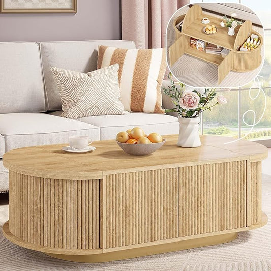HSH Farmhouse Oval Coffee Table with Storage, 47” Modern Coffee Table with Press Type Door, Fluted Living Room Tables with 2 Flip-Top Hidden Lids, Wood Center Table for Living Room, Office Oak