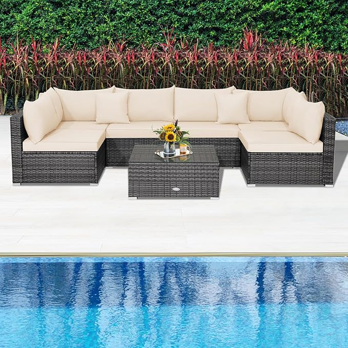 Tangkula 7 Piece Patio Wicker Furniture Set, Outdoor Rattan Sectional Sofa Set for 6 with Seat & Back Cushions, 2 Throw Pillows, Sofa Fastener Clips, for Backyard, Poolside, Deck and Garden (Beige)