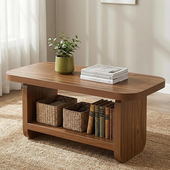 LITTLE TREE Wooden Coffee Table, 47.2" Center Table with Storage, Modern Farmhouse Rectangle Living Room Tables with Rounded Corners for Living Room, Bedroom, Kids Room, Home Office, Brown