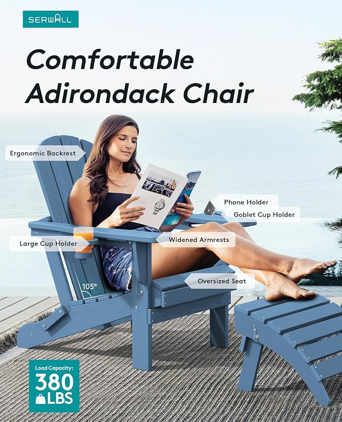 SERWALL Folding Adirondack Chair, HDPE Adirondack Chairs, Plastic Outdoor Chairs- Looks Exactly Like Real Wood- Navy - Image 4