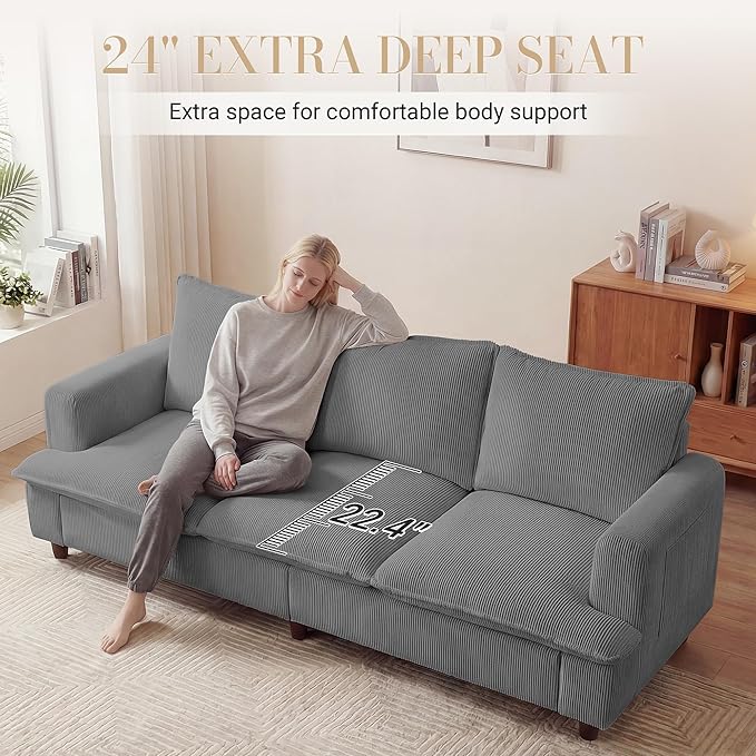 3 Seater Couch, 83" Comfy Corduroy Sofa with Deep Seat, Modern Sofa Couch for Living Room, Office, Bedroom, Apartment (Pillows not Included)