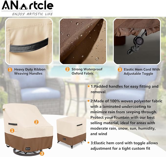 ANartcle 3 Pieces Patio Bistro Sets Cover,600D Waterproof Heavy Duty Patio Furniture Covers,Includes 2 Outdoor Swivel Chair Covers and 1 Patio Wicker Side Table Cover(Beige&Brown) - Image 5