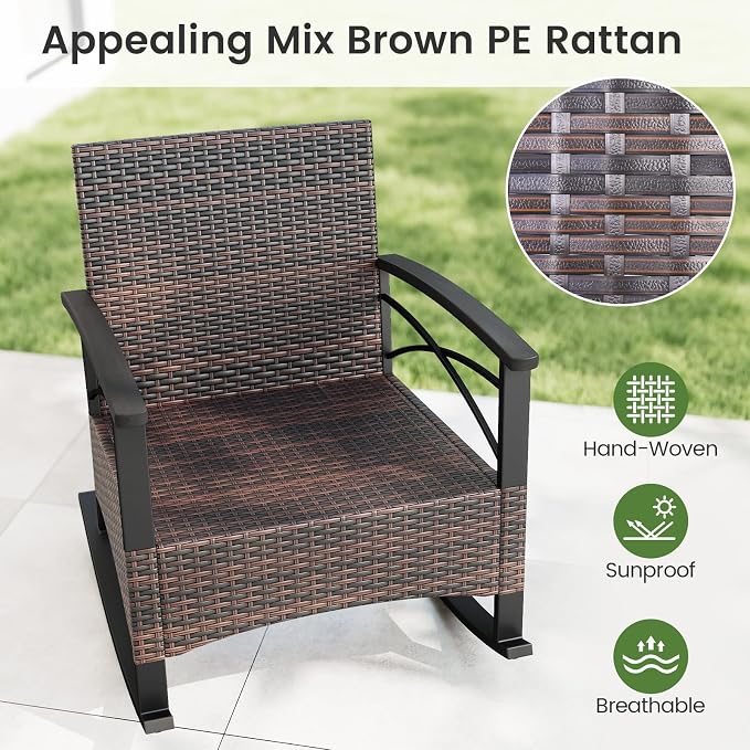 Tangkula 3 Pieces Outdoor Rocking Chairs Set, Rattan Heavy Duty Cushioned Rocker Chairs with 2-Tier Tempered Glass Coffee Table, for Garden, Balcony, Backyard (Gray) - Image 6