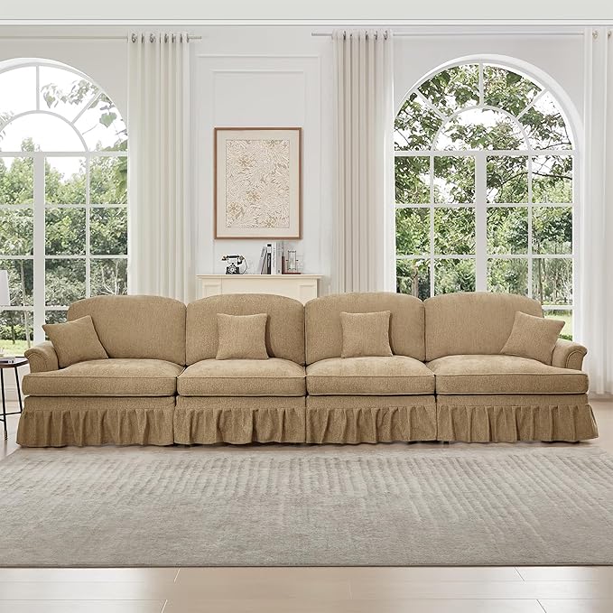 KEIKI Mid Century Modular Sofa with Flared Arms and Skirted Design, 137“ Oversized 4-Seater Luxury Chenille Sectional Couches for Living Room, Big Soft Couch Bedroom Furniture, Light Coffee