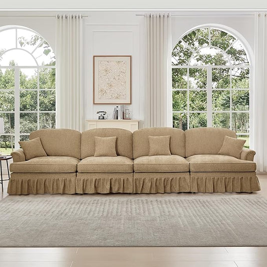 KEIKI Mid Century Modular Sofa with Flared Arms and Skirted Design, 137“ Oversized 4-Seater Luxury Chenille Sectional Couches for Living Room, Big Soft Couch Bedroom Furniture, Light Coffee