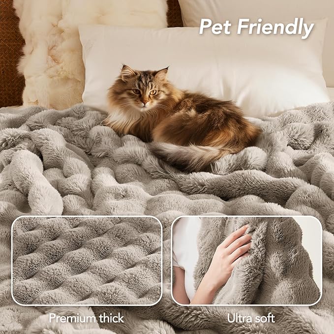 L'AGRATY Faux Rabbit Fur Blanket: 90" x 90" Queen Luxury Soft Fluffy Thick Fur Throw Blanket for Couch Bed Sofa - Cozy Plush Bubble Blankets for Winter: Flannel Fleece Decorative Blanket(Castle Grey)
