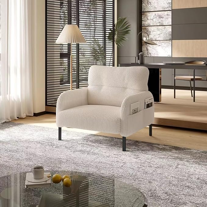 KEIKI 26" Corduroy Single Sofa Chair with Double Side Pockets & High Resilience Cushion, Modern Ergonomic Design Upholstery Oversized 1-Seater Accent Chair, Easy Assembly, for Living Room, Beige
