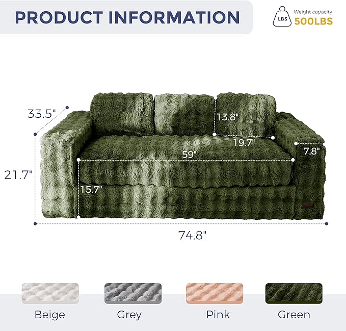MAXYOYO 3 Seater Sofa for Living Room, Tufted Boneless Couch Bubbled Sofa Couch, Comfy Bean Bag Chair for Bedroom Apartment, No Assembly Needed