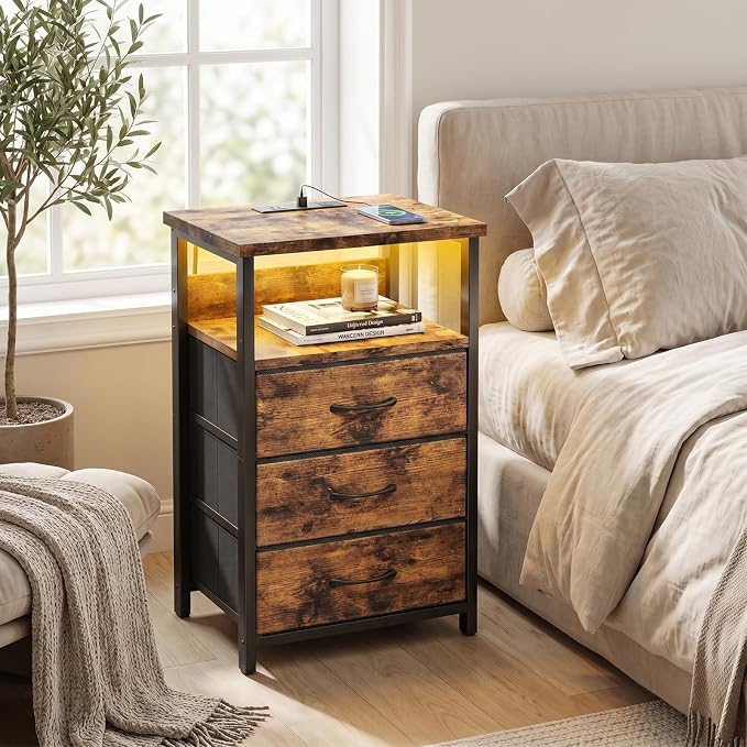 Fixwal Night Stand with Charging Station, LED Nightstand with Fabric Drawers, End Table with PU Finish, Bed Side Table, Rustic Brown - Image 2