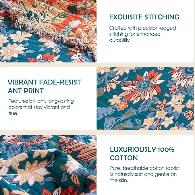 Boho Throw Blanket - 100% Cotton Ultra Soft Muslin Blanket, 90"x108" Lightweight Floral Framhouse Bedding Spring Blanket for Bed, All Season Green Bohemian Bedroom Home Decor Quilt