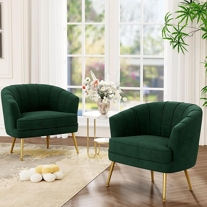 Andeworld Velvet Accent Chair Set of 2, Upholstered Modern Single Sofa Side Chair,Comfy Barrel Club Living Room Armchair with Golden Metal Legs for Bedroom Living Reading Room Office, Green