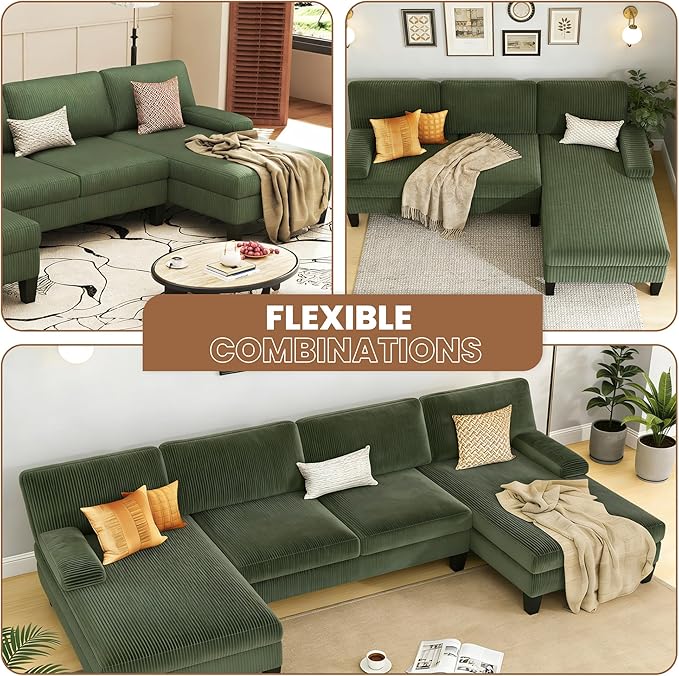WAYTRIM Sectional Couches for Living Room 108" U-Shaped Modular Sofa Convertible Couch with Double Chaise,Removable Pillows Upholstered 4-Seat Couch for Apartment (Green)
