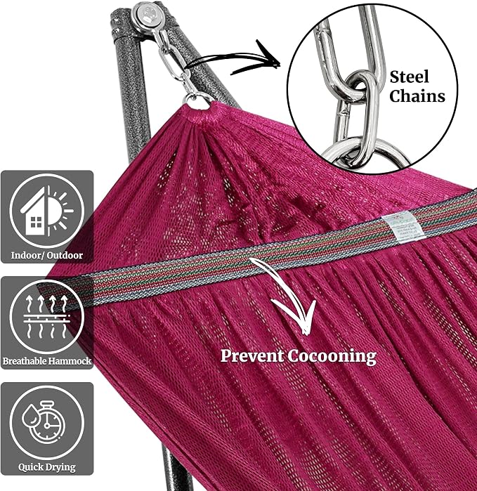 Tranquillo Universal Double Hammock with Stand Included for 2 Persons/Foldable Hammock Stand 600 lbs Capacity Portable Case - Inhouse, Outdoor, Camping, Red - Image 2
