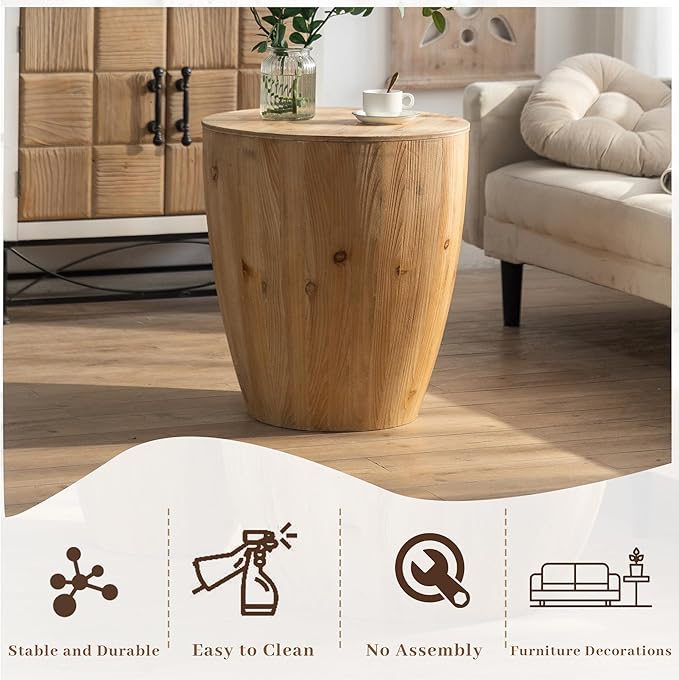 21.6" Bucket Shaped Round Coffee Table with Storage, Drum Coffee Table for Office, Dining Room and Living Room, Nature