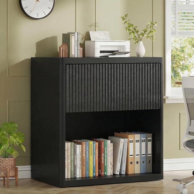 Yechen 23" W Black Fluted Nightstand with Hidden Drawer and Open Shelf, Lareg Mid Century Modern Bedside Table with Curved Profile, Wood Accent End Table for Bedroom - Image 8