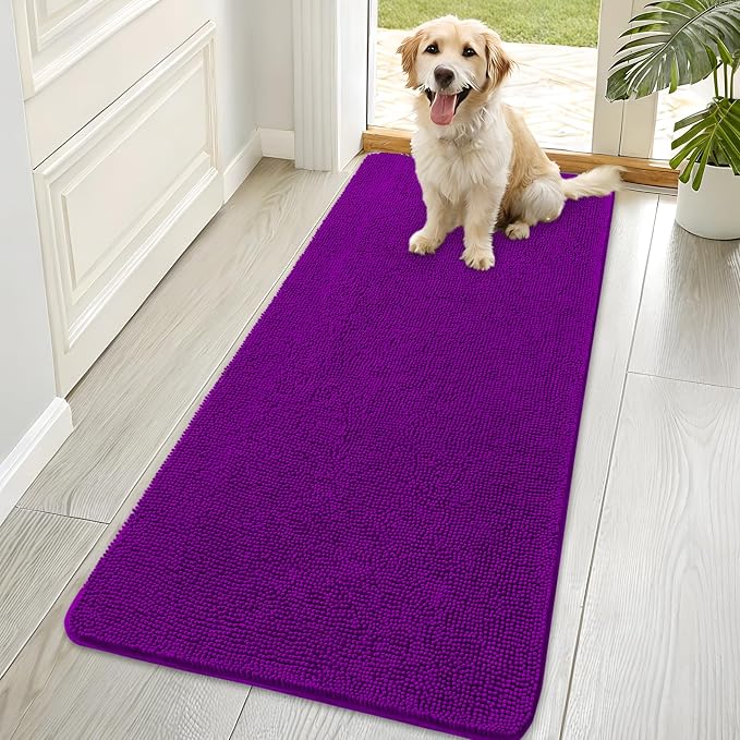 OLANLY Dog Door Mat for Muddy Paws 70x35, Absorbs Moisture and Dirt, Absorbent Non-Slip Washable Doormat, Quick Dry Chenille Mud Mat for Dogs, Entry Indoor Entryway Carpet for Inside Floor, Purple by OLANLY