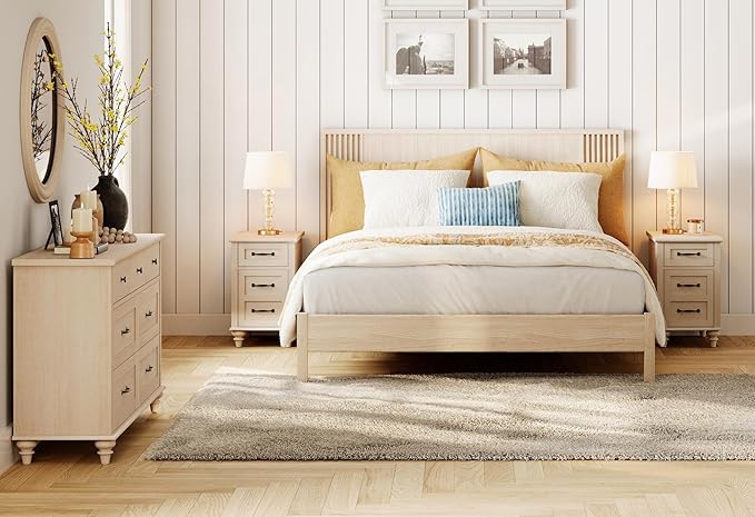 WAMPAT 3 Piece Bedroom Set - Includes Farmhouse 7 Drawer Dresser, Set of 2 End Tables with Charging Station & Storage Cabinet, 3 Piece Dresser and Nightstand Sets, Beige