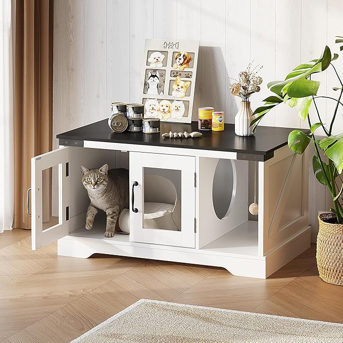 WLIVE Coffee Table with Storage, 2-in-1 Modern Center Table Cat House Furniture with Cat Teaser for Living Room, Home, Black