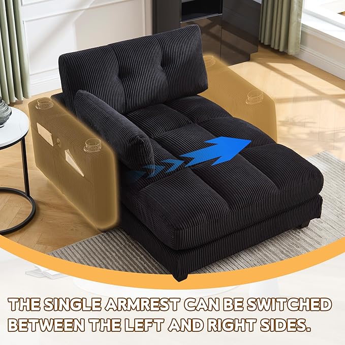 Oversized Lounge Chaise Convertible Sleeper Sofabed, Corduroy Sleeper Daybed Indoor Recliner Chair Sofa Bed with Cupholders and Adjustable Headrests for Living Room Bedroom Reading Home Apartment