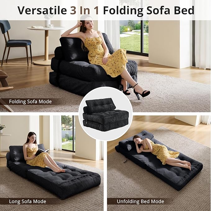 Folding Sofa Bed, Convertible Sleeper Chair with Pillow, Foldable Mattress with Back Support, Portable Floor Sofa Lounge for Living Room Bedroom Dorm