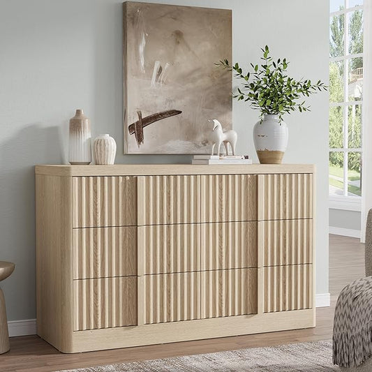 Fluted Dresser for Bedroom, 47" Wide 6 Drawer Dresser, Modern Chest of Drawers with Solid Wood Handle, Curved Profile Design, Wood Dresser Storage Organizer, Living Room, Hallway, Natural Oak by Harpaq