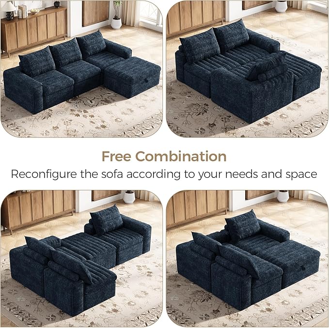 106.7" Modular Sectional Sofa with Deep Seat, Upholstery L Shaped Cloud Couch for Living Room, 3-Seater Modern Boneless Sofa with Movable Ottomans, Removable Cover, No Assembly Required, Aqua Blue