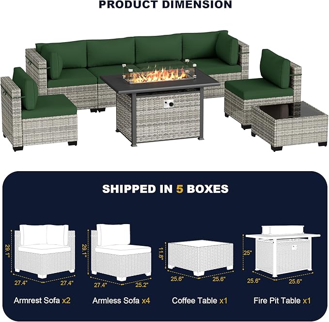 8-Piece Outdoor Patio Furniture Set with 55,000 BTU Fire Pit Table, PE Wicker Rattan Sectional Sofa Conversation Set - All-Weather Garden, Backyard Furniture, Green