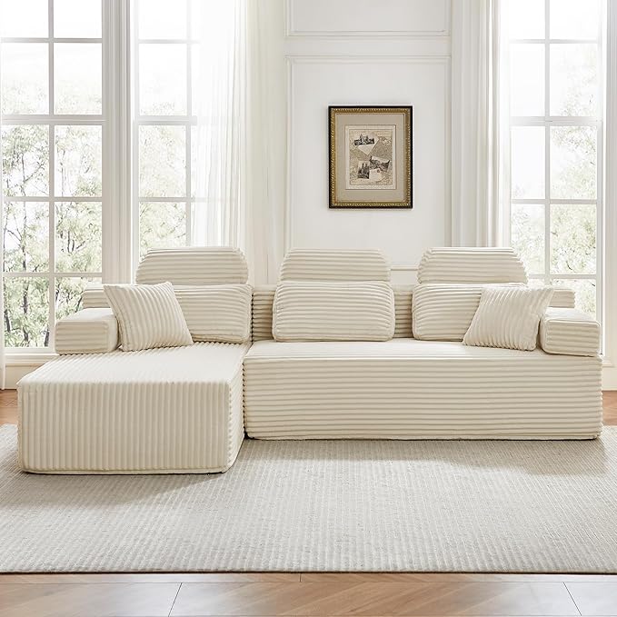 104" L-Shaped Cloud Modular Sectional Sofa with Chaise & Headrest, Boneless Deep Seat Plush Corduroy Couches for Large Living Room, No Assembly Required (White, 104" L-shapred Chaise)