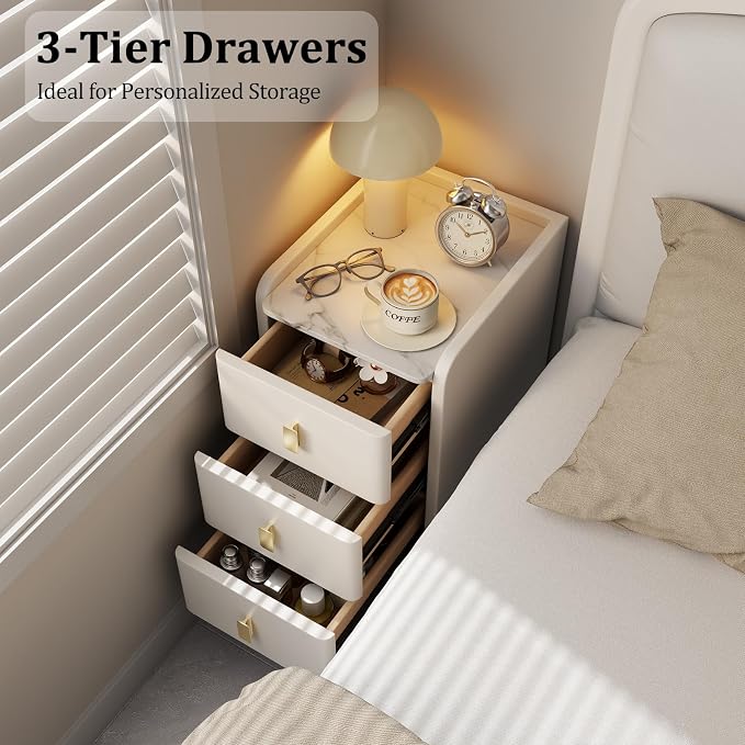AQIMUELE Narrow Nightstand with Drawers, Narrow Side Table Leather, Small Bedside Tables for Bedroom. (White) - Image 5