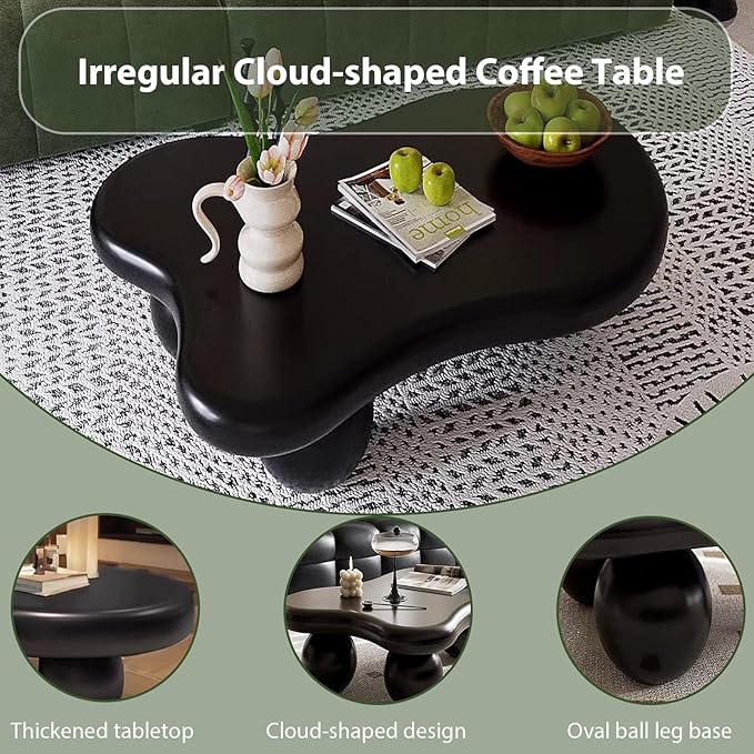 Modern Wooden Coffee Table Cloud Coffee Table Central Living Room Low Table Irregular Indoor End Table Black Coffee Tables with 3 Oval Ball Legs for Living Room Bedroom (Black Oval Leg B 47.2 inch)