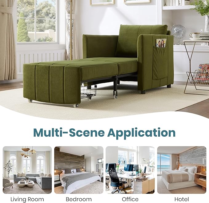 Ball & Cast 31.5" Futon Sofa-Bed,Convertible Pull Out Couch with Storage Basket,Sleeper Sofabed W/Adjustable Backrest and Side Pocket,Chaise Lounge for Living Room,Chenille Fabric,Green