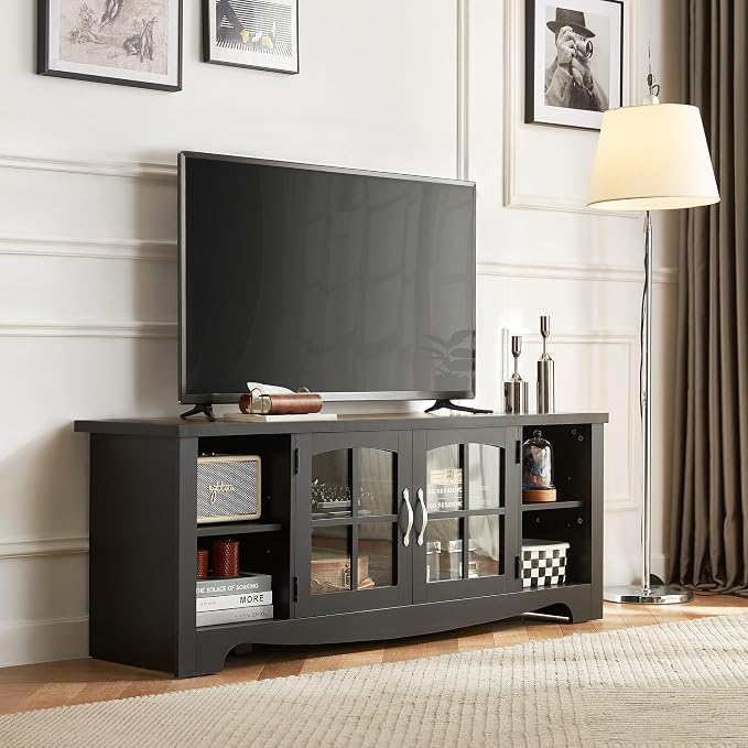 LINSY HOME Farmhouse TV Stand for 65 Inch TV, Wood Entertainment Center with Glass Door Storage Cabinet & Adjustable Shelves, Sturdy TV Console Table for Living Room Bedroom, Black - Image 2