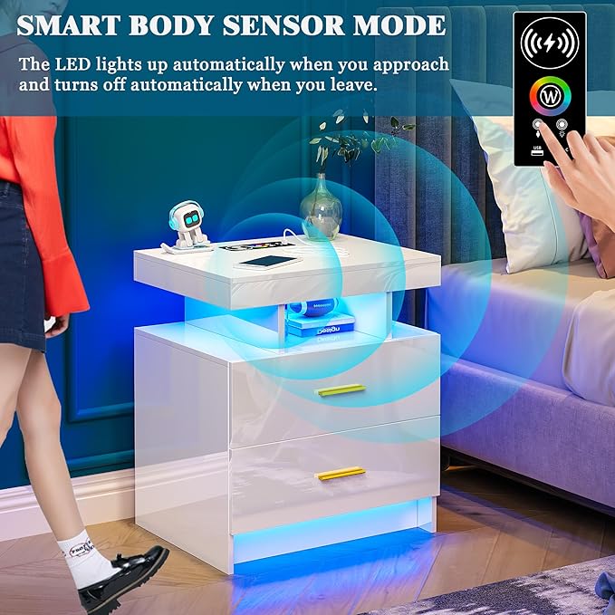 WOOVIVS Night Stand with Light, High Gloss Nightstand with USB/Wireless Charging Station, LED White Nightstands with Storage Drawers, RGB Side End Table for Bedroom Furniture（White - Image 6